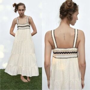Zara Contrast Trim Ric Rac Midi Maxi Flowy Cream Black Summer Breezy Dress